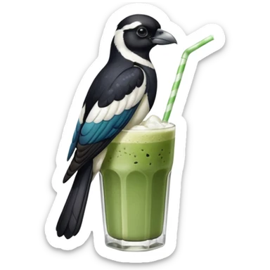 It’s an Australien Magpie sitting on an iced matcha latte on the edge of the glass. It has green matcha on its beak indicating it drank. The iced matxha latte is in a see through glass and white from the oat milk on the bottom and green on top…and there is a straw in the drink and ice cubes sticker