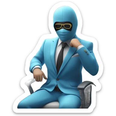 Grand thief's Light blue Suited and Masked Human character reminiscent of a GTA setting in the office in front of computer  stock market gallery and NFTs in the background. sticker