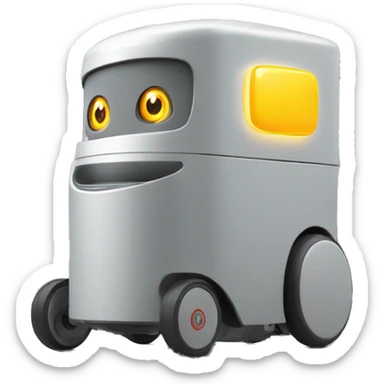 gray delivery robot with white circle led eyes and opening lid on 4 wheels with food sticker