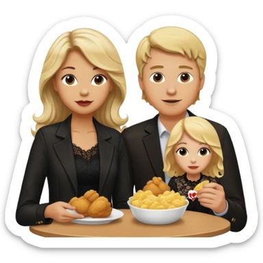 Love tan woman long wavy blonde hair and black lace  with  a man short blonde hair wearing Brown  jacket eating chick filet  sticker