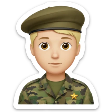 a soldier with short blonde hair in camo in a beret a man sticker