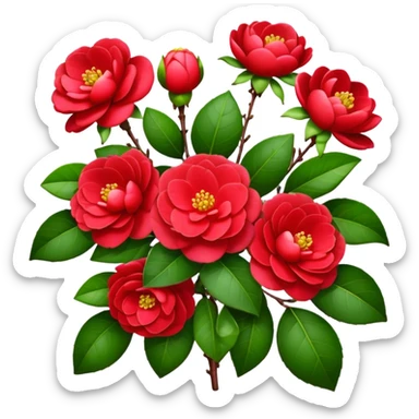 bouquet Red Camellia, luxuriant, stem, leaf, bud sticker