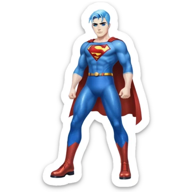 Very tall-very very very large chest-really angry-stomping foot-very long straight flat black to sky blue hair ombre-blue eyes-black eyeliner-long eyelashes-iridescent superman tshort with glitter superman logo-overalls-lip pierced sticker