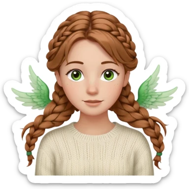 light brown hair hazel/green eyes woman with a white cable knit sweater and one braid down her back  with tendrils of hair flowing down her face and she is happy pale, some freckles, blush. she has a cateye wing and long lashes sticker