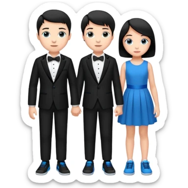 generate a pretty bratz fair skinned boy with short black hair wearing a black tux with blue sneakers .with a girl in a pink dress sticker
