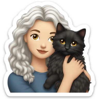 white women with black and curly hair cuddling a siberian cat sticker