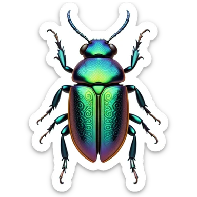 Cinematic Noble Beetle Portrait Emoji, Poised and robust, with a shiny, metallic exoskeleton in deep, iridescent hues and intricately detailed patterns, sharp, focused eyes and a sturdy, commanding form, Simplified yet sharply defined features, highly detailed, glowing with a cool, reflective luminescence, high shine, intelligent and resilient, stylized with an air of natural armor, focused and alert, soft glowing outline, capturing the essence of a watchful beetle that appears ready to crawl out of the screen with effortless strength! sticker