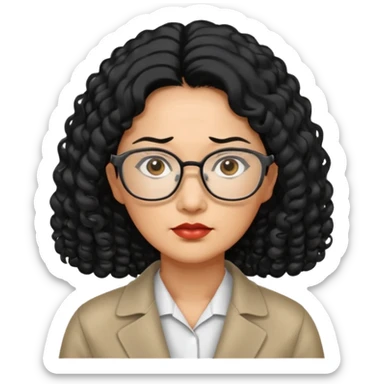 manager, middle-aged Asian woman, long curly hair, small rectangular metal glasses, serious look sticker