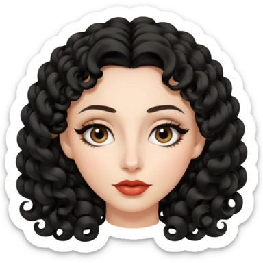 persona mujer con piel clara y rizos suaves color negro y largos  y sin volumen y con delineador en los ojos y con los labios medianos, ojos almendrados y nariz respringada sticker