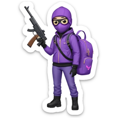 YN wearing a ski mask, holding a gun, purple jeans, Sprayground bookbag, confident stance sticker