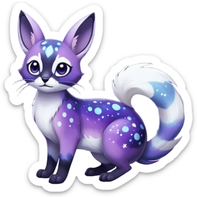 Colorful black-violet-indigo-purple-gradients nebulae nebula white stars-sparkles-markings galactical shiny white-stars-spotted glorious iridescent divine exotic cute cool beautiful realistic Meloetta-caracal-civet-sergal-bunny-oncilla-animal-Fakémon-hybrid-fursona (full body) sticker