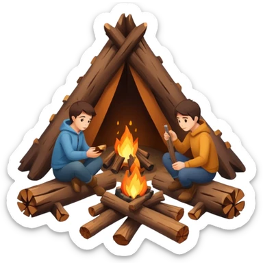 A cozy campfire emoji with two logs and glowing embers, with subtle human silhouettes sitting around. Warm tones, minimal flat emoji style, white background. sticker