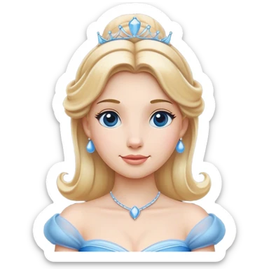 Cinematic Elegant Cinderella Portrait Emoji, rendered in a realistic, vector-style with minimal shading and bold, simplified shapes. Depict Cinderella in her classic ball gown (chest and above) with fair, porcelain skin and elegantly styled blonde hair, her eyes soft and kind, and her expression serene and graceful. The design glows with a gentle, enchanting radiance and high shine, capturing the timeless beauty of a fairy tale princess. sticker