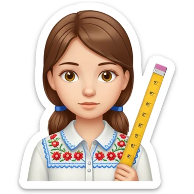 A Ukrainian girl with brown hair wearing an embroidered shirt holds a ruler sticker
