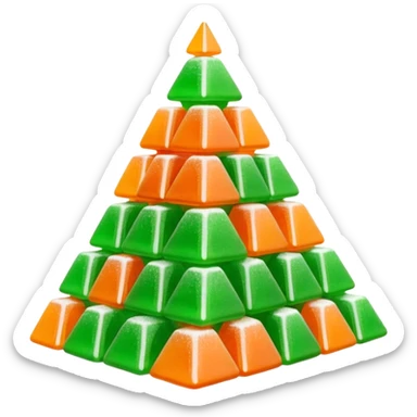 3D render of Gumdrop Pyramid, made entirely of dessert materials, glistening sugar crystal texture, stacked green and orange sugar-coated jelly candies, delicious confectionery aesthetic, Apple emoji style, isolated on white background --v 6.0. sticker
