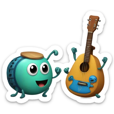Two cute beetles facing eachother. One is playing a guitar and the other is using a pottery wheel.  sticker