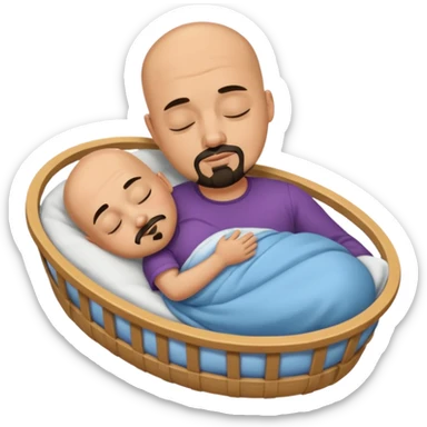 a bald, tan man who has a black goatee sleeping in a cradle sticker