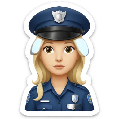 A blonde long hair woman wearing a dark police hat with a silver badge, looking straight ahead with a calm expression. sticker