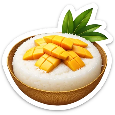 cinematic-realistic-mango-sticky-rice-dessert-emoji,-showcasing-sweet-sticky-rice out of a mould-paired-with-ripe-mango-slices-and-coconut-milk-rendered-with-lifelike-detail-and-warm,-inviting-lighting with the coconut  milk over the rice sticker