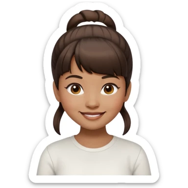 In Apple Memoji format, a girl with dark brown hair. She has bangs and her hair is in a singular high bun. The girl is arab and has light brown skin. She is wearing a white shirt sticker
