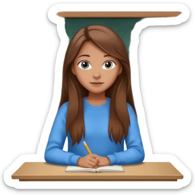 high school class room with a pretty female high school student with long brown hair, blue eyes sitting in front of the blackboard sticker