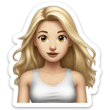 caucasian woman, with long straight hair, blonde hair, brown eyes, white tank top, gray tight mini skirt, black heel shoes, full body, hyperrealist drawing sticker