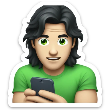 a guy with blue eyes, long black hair, white skin, green tshirt, with a phone in his hand, looking at his phone hypnotised. sticker