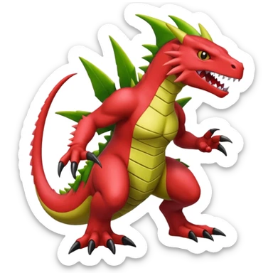 Cool edgy shiny Guilmon-Flygon-Tyranitar-Drudigon-Digimon-hybrid-fusion, yellow belly, full body sticker