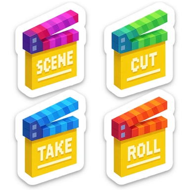 isometric view collection of movie clapperboards in voxel style, each with different colorful lids and unique text sticker