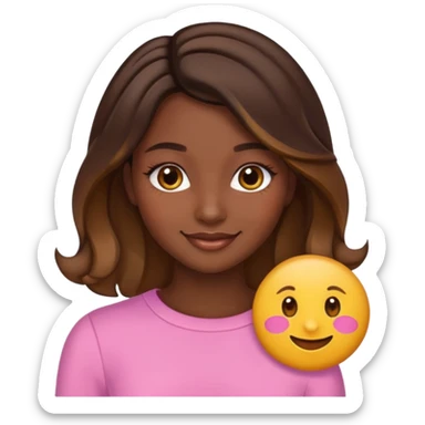 portrait of a young woman, dark skin, straight brunette hair with caramel balayage, brown eyes, curled lashes, blush, emoji style sticker