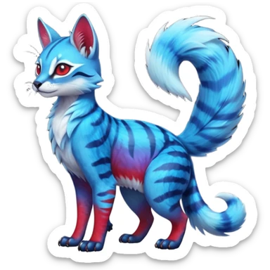 Cute kawaii cool edgy badass  vibrant cyan-cobalt-blue-to-crimson-red gradient-colored iridescent glossy fur  fantasy-caracal-civet-genet-sergal-vernid-Gryphon-Cacomistle-Trico-oncilla-animal-Fakémon-hybrid-fursona (full body), facial markings, (realism style) sticker