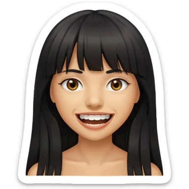 Woman a little tan with long black hairs and bangs, appearing teeth sticker