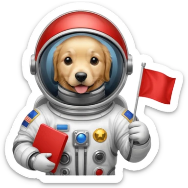 golden retriever body in space suit holding red rectangle flag sticker