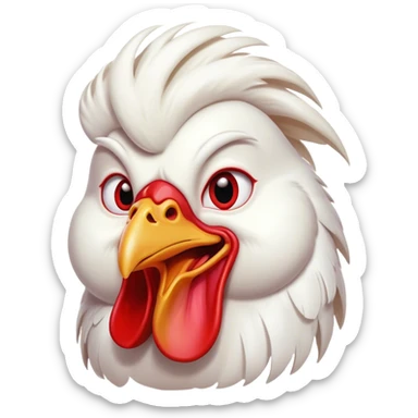 Cinematic Comical White Rooster Portrait Emoji, Head tilted dramatically with an exaggeratedly shocked or amused expression, featuring a striking pure white plumage with a bold red comb, wide, expressive eyes filled with playful disbelief, Simplified yet hilariously expressive features, highly detailed, glowing with a slightly sassy glow, high shine, dramatic yet playful, stylized with an air of cheeky mischief, bright and endearing, soft glowing outline, capturing the essence of a spirited and over-the-top rooster, so meme-worthy it feels like it could crow its way into internet fame instantly! sticker