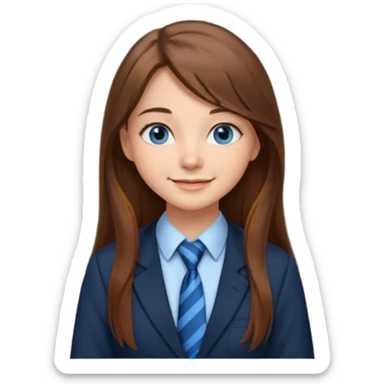 high school class room with a pretty female high school student with long brown hair, blue eyes, wearing a tie, sitting in front of the blackboard sticker