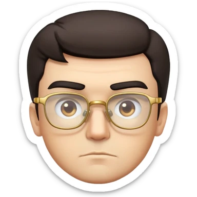 Square-faced man with thick eyebrows, short dark hair with faded sides, slight scruff, serious expression, large square gold-rimmed glasses sticker
