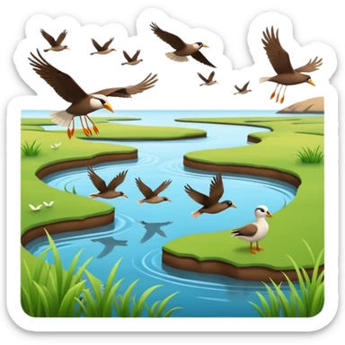 A 3D cartoon estuary with birds flying over shallow water and grassy banks, calm mood, Memoji-style realism. sticker