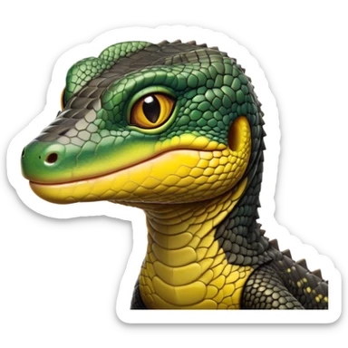 cinematic-realistic-cute-monitor-lizard-portrait-emoji,-head-tilted-playfully-and-inquisitively,-featuring-a-compact,-agile-body-with-finely-detailed,-glossy-scales-in-earthy-black and yellow-hues-and-a-distinct,-alert-face-with-bright,-curious-eyes, black , yellow spotted and green band  scales and a slender neck sticker