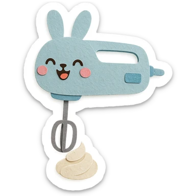 cute rabbit-shaped hand mixer, spinning cream, joyful face, soft pastel blue, full-body sticker
