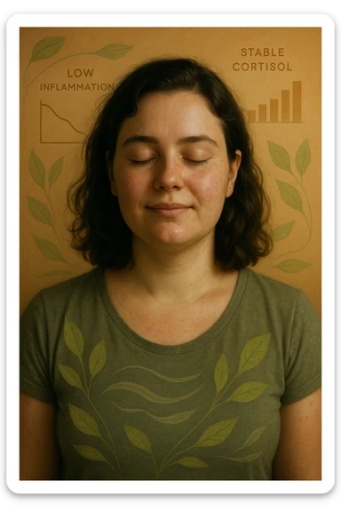 Realistic and cinematic vertical 2:3 portrait of a serene woman with PCOS, showing low inflammation and stable cortisol thanks to healthy nutrition. Positive atmosphere with subtle symbols of hormonal balance and low inflammation, such as health charts or visual health elements, very few writings. sticker