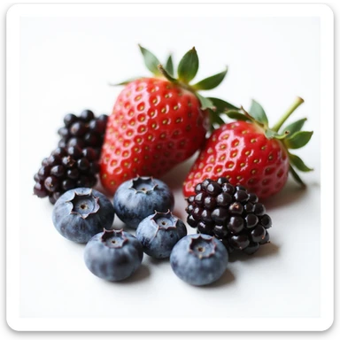 assorted wild berries (blueberries, raspberries, blackberries, wild strawberries) isolated on white background, no shadows, no background, realistic style, natural details sticker