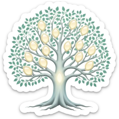 Mystical white tree with soft glowing portrait frames as leaves, ethereal genealogy connecting generations sticker