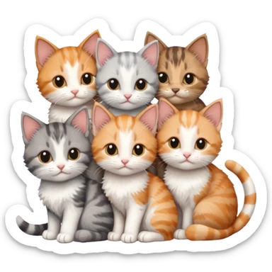 6 tiny kittens cuddling together all various different natural colours including grey and white, ginger and white, calico, grey, and brown tabby and white sticker