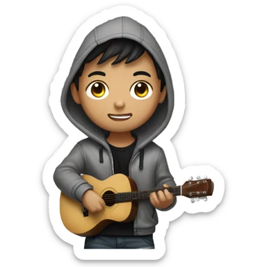 korean boy in unbuttoned grey hoodie jacket playing guitar with black t shirt inside sticker