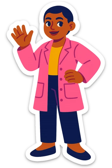 morena woman with short hair, pink lab coat, black pants, vibrant style sticker