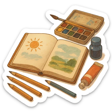 ghibli style illustration of a sketchbook with art supplies, warm and inviting sticker