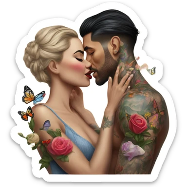 Hyper Realistic beautiful woman being kissed by a handsome tattooed man holding flowers with butterflies  sticker