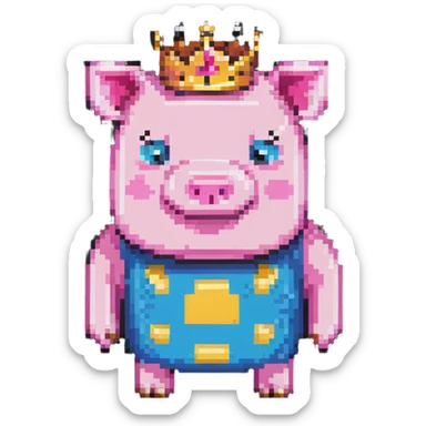 minecraft pig full body pink blocky animal square head square body wearing a crown sticker