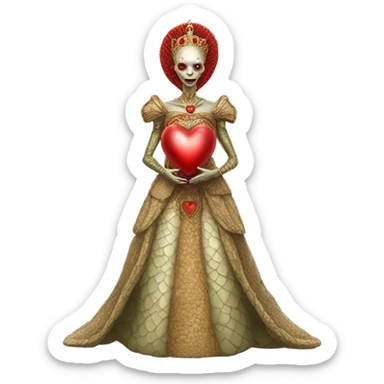 a Reptilian alien woman full body in Romanov dress, holding big red heart sticker