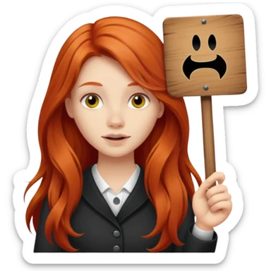 Long haired redhead holding a LURK sign sticker